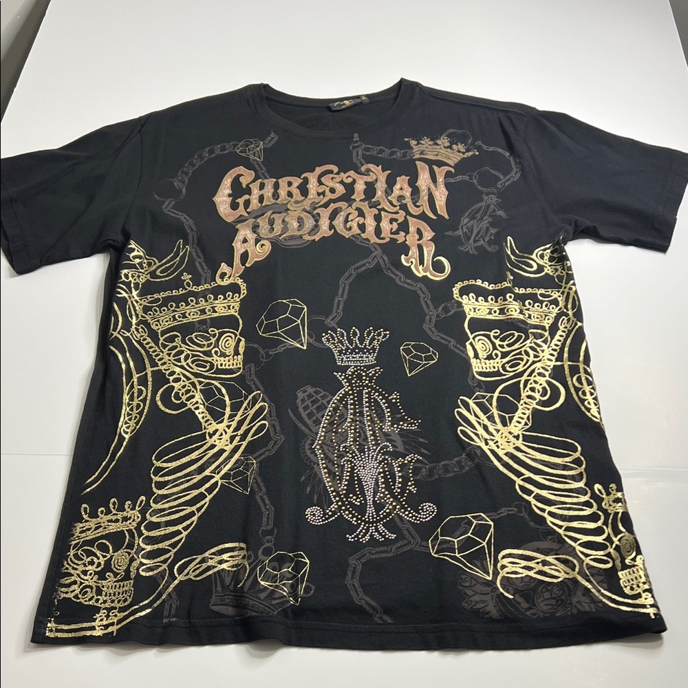 Christian Audigier Black and Gold Graphic Tee
